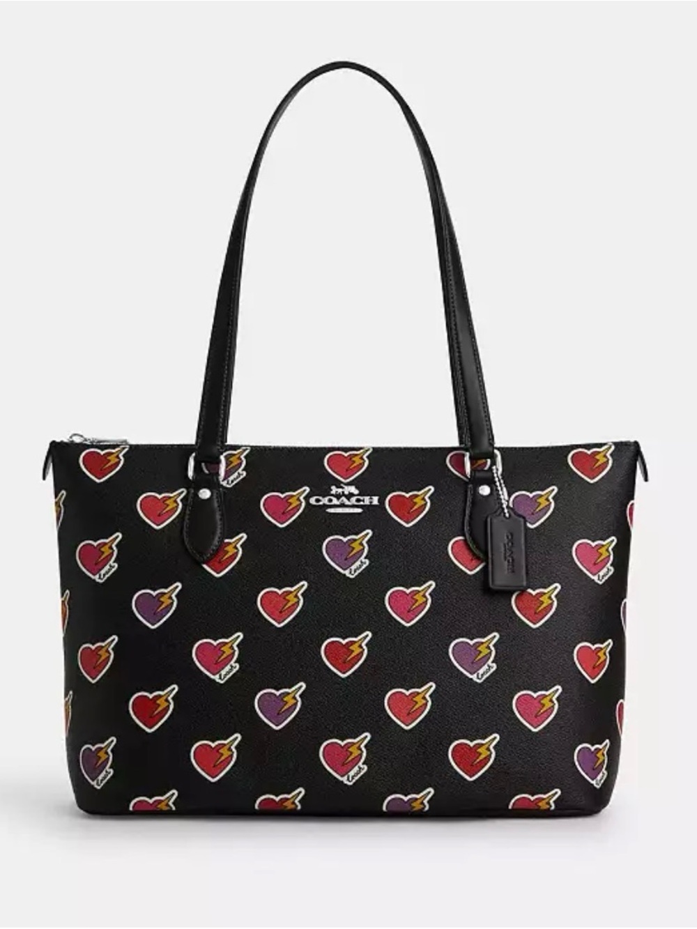 Coach Black Leather Gallery Tote with Red & Purple Heart Bolt Print - Picture 8 of 8